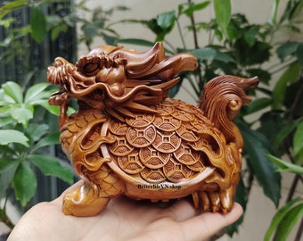 Handcrafted Dragon Turtle statue, Wooden Dragon Turtle, home decor, animal brings wealth and success.