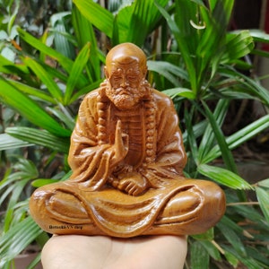 Bodhidharma Buddha Statue (5.9&quot;H), Wooden Statue in Meditation, Handmade Dharma Statue