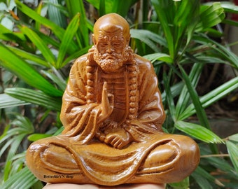 Bodhidharma Buddha Statue (5.9"H), Wooden Statue in Meditation, Handmade Dharma Statue