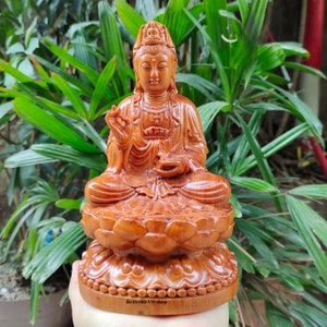 Wooden Guanyin Buddha statue sitting on a lotus (7.8&quot;H)