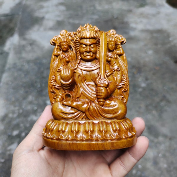 Wooden Acalanatha Statue (4.7”H), Wooden Buddha, Double-sided Statue, Crafted Buddha, Feng Shui Zodiac, Small Gift, Car, home decor