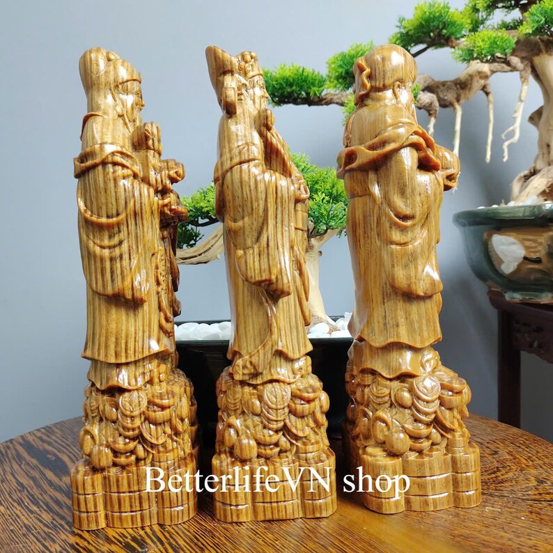 Wooden Three Statues (11.8 Inches) of Happiness, Wealth and Longevity ...