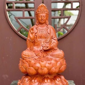 Wooden Guanyin Buddha statue (19.6&quot;H) sitting on a lotus pedestal
