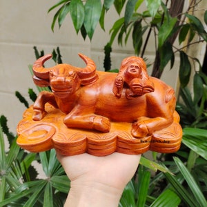 Handcrafted Water Buffalo with kid, Wooden Buffalo Statue, Sculpture of Buffalo, Home decor, Small Gift