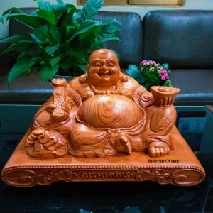 Handcrafted laughing Buddha (15.7”W), Wooden Chinese Buddha, Maitreya Buddha, Large Happy Buddha, Hotei, Budai, Pu tai, the Big Belly Buddha