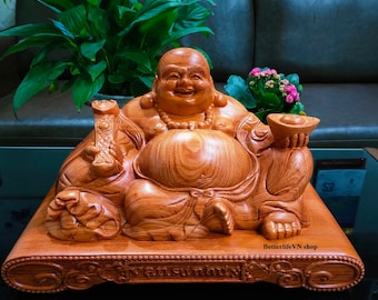 Handcrafted laughing Buddha (15.7”W), Wooden Chinese Buddha, Maitreya Buddha, Large Happy Buddha, Hotei, Budai, Pu tai, the Big Belly Buddha