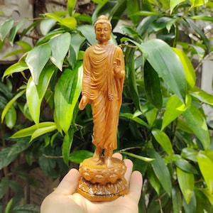 Massiver hölzerner Gautama-Buddha 20,5 cm, stehende Shakyamuni Buddha-Statue, handgefertigte Skulptur von Gautama, Holzstatue von Gautama