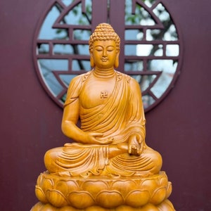 Amitabha Buddha Statue (19.6&quot;/23.6”/31.4” H) sitting on a lotus, Buddha Statue, Wooden Buddha