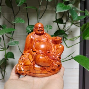 Happy Buddha statue (in 3.9 inches), Laughing Buddha, Wooden Chinese statue, Large Happy Buddha, Hotei, Pu tai, the Big Belly Buddha
