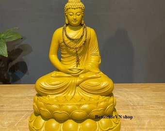 Solid Handcrafted Gautama Buddha (15.7”H) sitting on a Lotus flower pedestal, Wooden Shakyamuni Buddha statue