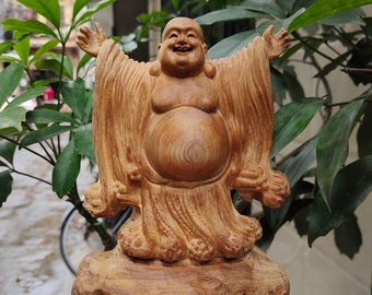 The laughing Buddha (7.8”H), Wooden Chinese Buddha, Maitreya Buddha, Feng shui statue, The Happy Buddha welcomes joy, the Big Belly Buddha