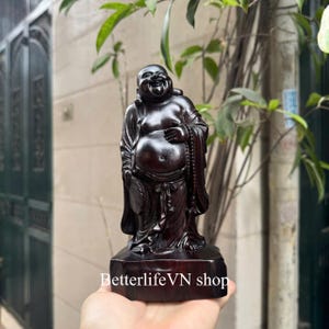Solid Laughing Buddha, Crafted Wooden Happy Buddha 7.8 inches, the Big Belly Buddha