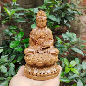 Wood Guanyin Sitting On Lotus, Statue Of Guan Yin, Hand-Carved Statue, Decor