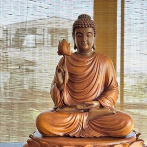 Handcrafted Gautama Buddha (17.7 inches) sitting on a Lotus pedestal, holding a lotus flower, Wooden Shakyamuni Buddha statue, Buddha Gift
