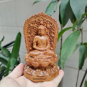 Handgemaakte Guanyin en Amitabha Boeddha, dubbelzijdig standbeeld van Guan Yin, houten Boeddha, Boeddha voor altaar, woondecoratie, autodecor, klein cadeau