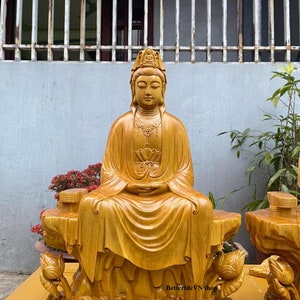 Handcrafted Guanyin Buddha (19.6/ 23.6/ 31.4 in) Kuanyin Goddess of Mercy, Mother buddha, Buddha statue for altar, Wooden Guan Yin Buddha