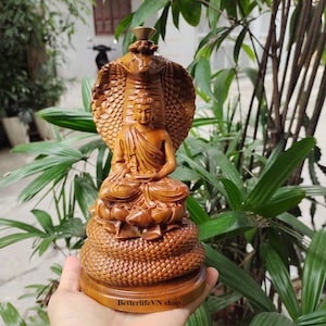 Handcrafted Wooden Gautama Buddha Sitting On Naga Buddha, Shakyamuni Buddha statue in Meditation, Meditation decor, Incense