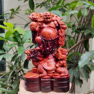 Lachender Buddha aus Holz, der auf der Drachenschildkröte steht, Crafted Maitreya Buddha, The Happy Buddha, Hotei, Budai, Pu tai, the Big Belly Buddha