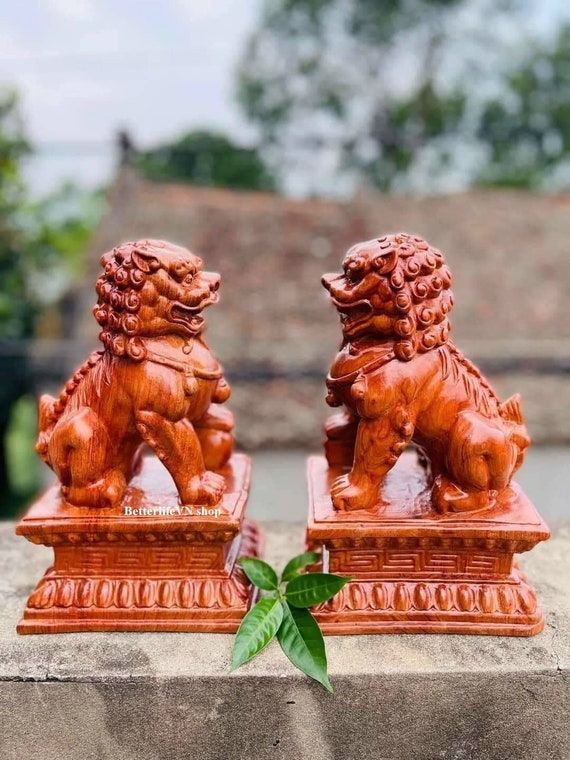 Handcrafted Padauk Wood Guardian Lion Statues: Chinese Decor (7.8