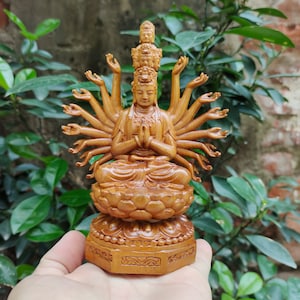 Guanyin Statue with Thousand Hands and Eyes in 5.9 inches, Handcrafted Wooden Quan Yin sitting on a Lotus, Guanyin Buddha, Feng shui statue