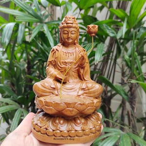 Handcrafted Cypress Wood Bodhisattva Statue: Guan Yin Buddha Decor