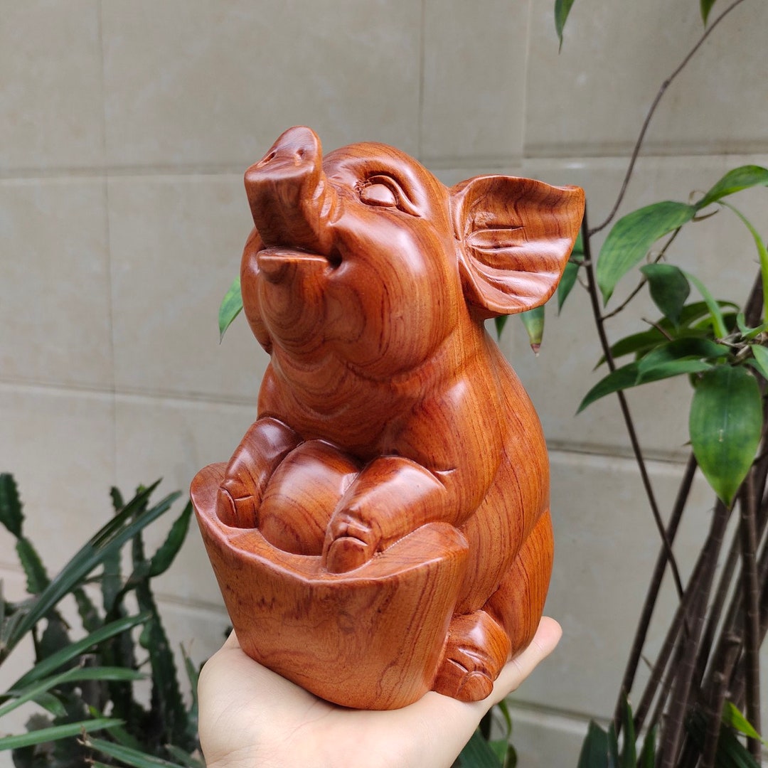 Wooden Pig Statue 7.8H, Feng Shui Pig, Handcrafted Animal, Handmade Gift, Home Decor, Zodiac