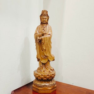Guan Yin Buddha (15.7 inches) Standing on Lotus, Statue of Guan Yin, Wooden Guan Yin Buddha, Crafted Guan Yin Buddha, Sculpture of Guan Yin
