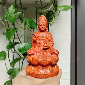 Handcrafted Guanyin Buddha (5.9 inches) sitting on a Lotus pedestal, Wooden Kuan Yin Buddha statue, Buddha gift, home décor, car decor