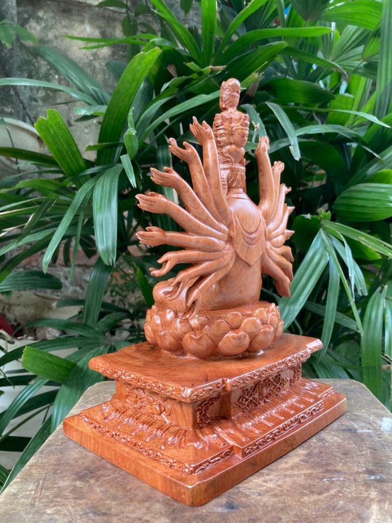 Solid Wood Guan Yin Statue 10.2H With Thousand Hands and Eyes, Wooden