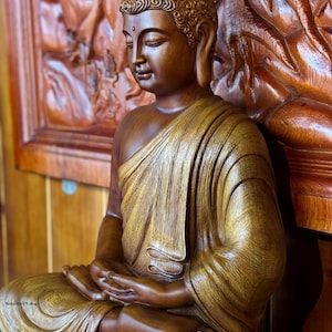 Handcrafted Gautama Buddha (23.6 inches) sitting on a Lotus pedestal, Wooden Shakyamuni Buddha statue, Buddha Gift