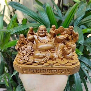 The laughing Buddha with 5 Little Kids, Wooden Chinese Buddha, Maitreya Buddha, Feng shui statue, Décor, Gift
