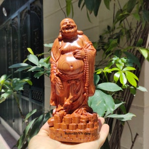 Massieve Lachende Boeddha, vervaardigde houten Happy Buddha 7,8 inch, de Big Belly Buddha