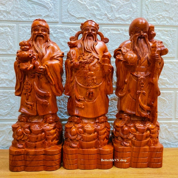 Handcrafted Wooden Three Statues (in 11.8/ 15.7 inches) of happiness, wealth and longevity, Three luck Gods, Fu Lu Shou statue