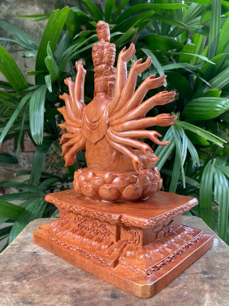 Solid Wood Guan Yin Statue 10.2H With Thousand Hands and Eyes, Wooden Quan Yin, Guan Yin Buddha