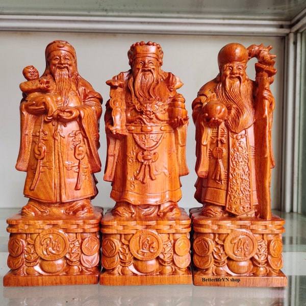 Handcrafted  Wooden Three Statues (in 7.8 inches) of happiness, wealth and longevity, Three luck Gods, Fu Lu Shou statue