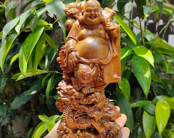 Wooden laughing Buddha stands on the Dragon, Crafted Maitreya Buddha, Happy Buddha, Buddha, Hotei, Budai, Pu tai, the Big Belly Buddha
