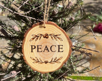 Hand Wood Burned Peace Christmas Ornament