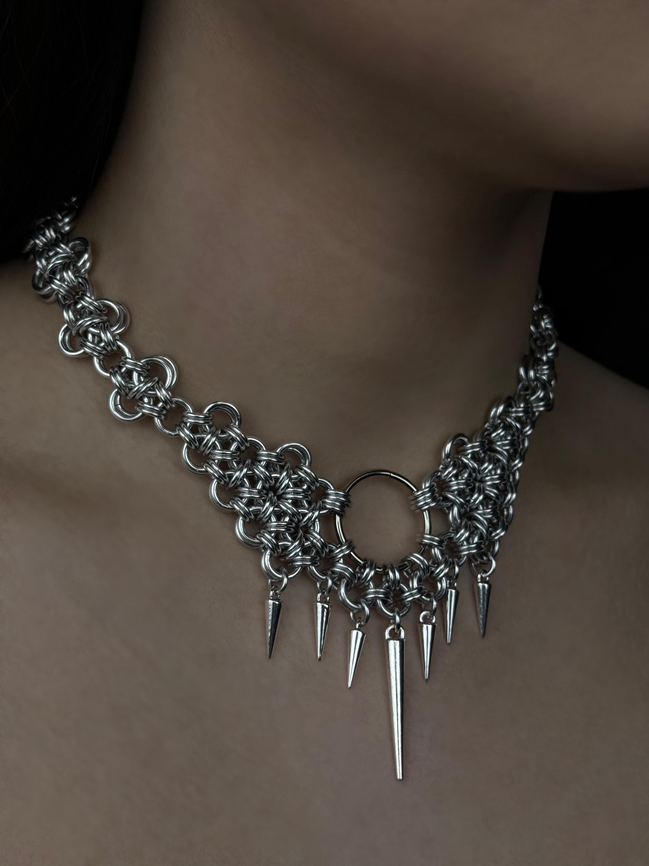 アクセサリー \"thron choker\" archive chainmail punk THORN. Chainmail Spike O Ring Necklace Stainless Steel