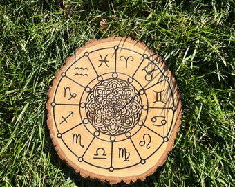 Hand wood burned Zodiac Mandala Wheel