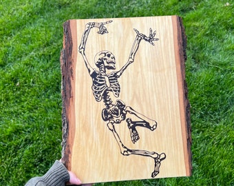 Hand Wood Burned Dancing Skeleton Wall Decor