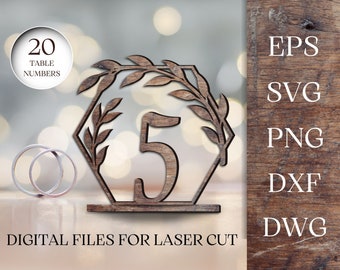 May include: A set of 20 laser cut table numbers featuring a wooden hexagon with a leafy branch design. The numbers are in a rustic brown color and are perfect for a wedding or other special event.