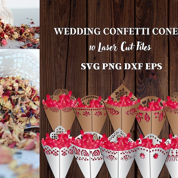 Confetti Cones SVG Bundle, Wedding Template, Digital Download Files, Paper craft wedding cut file, Png, Svg, Eps, Dxf