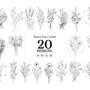 Pacote SVG de flores de linha, arquivos de download digital para impressão de buquê de flores, arquivo de corte de folha de silhueta, Png, Svg, Eps, Dxf