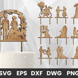 Adorno para tarta de boda cortado con láser, novios, adorno para tarta de pareja, archivos de descarga digital, PNG, SVG, EPS, DXF, DWG