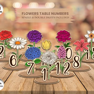 May include: Ten designs of laser cut wooden table numbers with floral designs. The numbers are 1, 2, 5, 6, 7, 8, 11, 12, and 15. The flowers include a red rose, a white daisy, a purple aster, a yellow tulip, a blue hydrangea, a white chrysanthemum, a pink flower, a red lily, and a white flower with eight petals.