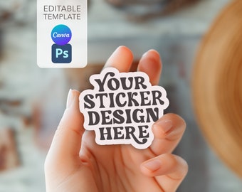 ステッカーモックアップCanva、Photoshopステッカーモックアップ、ステッカーモックアップPSDファイル、手持ちステッカー、ステッカーモックアップ、ダイカットステッカーモックアップ