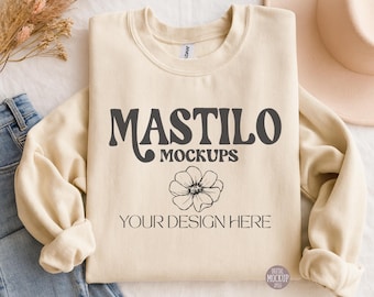 Gildan 18000 Sand Sweatshirt Mockup, Folded Tan Flat Lay Crewneck Mock Up, Simple Styled Beige Mockups Flatlay Sweater G180 POD Mock-up Boho
