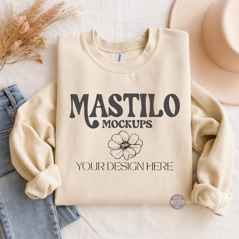 Gildan 18000 Sand Sweatshirt Mockup, Folded Tan Flat Lay Crewneck Mock Up, Simple Styled Beige Mockups Flatlay Sweater G180 POD Mock-up Boho