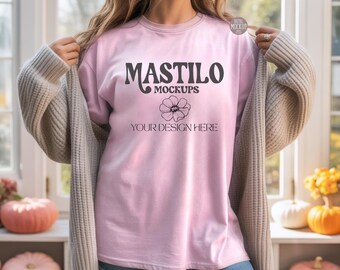 Maqueta de camiseta Blossom C1717 de Comfort Colors, maqueta de camiseta Blossom CC1717, maqueta de camiseta gráfica, maqueta de otoño, maqueta de camiseta de otoño para mujer