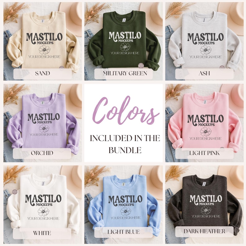 Folded Gildan 18000 Sweatshirt Mockup Bundle, G18000 Crewneck Mock-up Bundle, Sweatshirt Mockups, Boho Gildan 18000 Flatlay POD folded Mocks